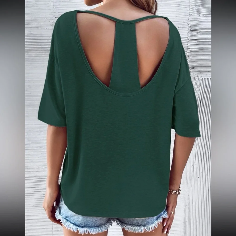 Classic Loose Fit Cut Out Back Batwing Sleeve Tee T Shirt Top Blouse Green - Picture 2 of 6